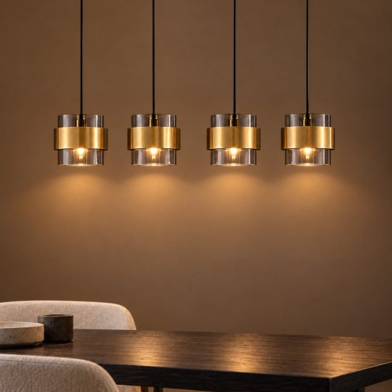 Lampadario a sospensione per cucina moderno nero e oro ottone 4 luci