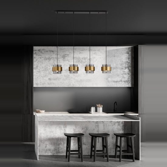 Lampadario a sospensione per cucina moderno nero e oro ottone 4 luci