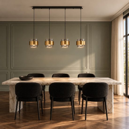 Lampadario a sospensione per cucina moderno nero e oro ottone 4 luci