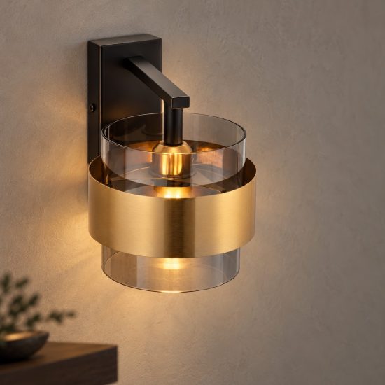 Applique da parete cilindro moderna nero e oro ottone vetro per soggiorno 18cm