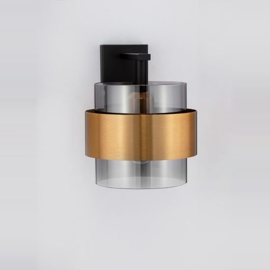 Applique da parete cilindro moderna nero e oro ottone vetro per soggiorno 18cm