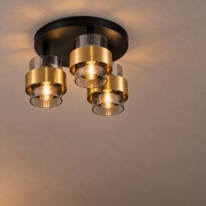 Plafoniera per soggiorno moderno cilindro nero e oro ottone vetro 37cm