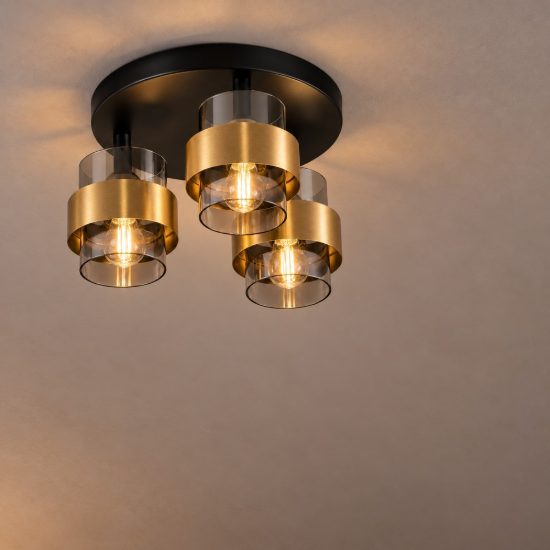 Plafoniera per soggiorno moderno cilindro nero e oro ottone vetro 37cm