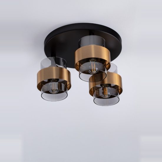 Plafoniera per soggiorno moderno cilindro nero e oro ottone vetro 37cm