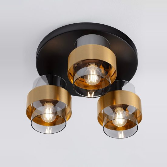 Plafoniera per soggiorno moderno cilindro nero e oro ottone vetro 37cm