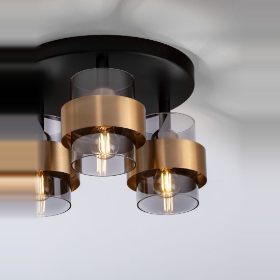 Plafoniera per soggiorno moderno cilindro nero e oro ottone vetro 37cm