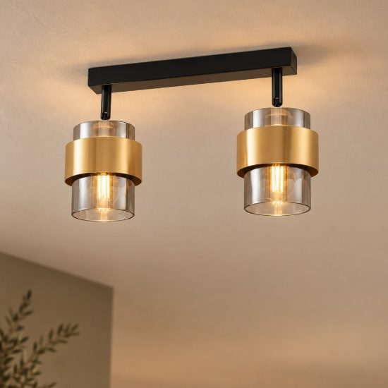 Plafoniera per cucina moderna lineare nero e oro ottone vetro 47cm