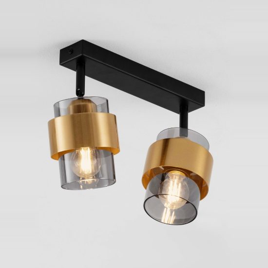 Plafoniera per cucina moderna lineare nero e oro ottone vetro 47cm