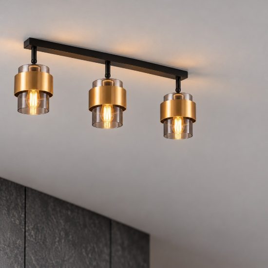Plafoniera per cucina moderna lineare nero e oro ottone vetro 70cm