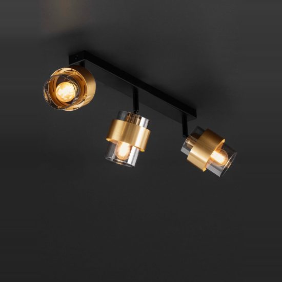 Plafoniera per cucina moderna lineare nero e oro ottone vetro 70cm