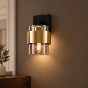 Applique da parete cilindro moderna nero e oro ottone vetro per soggiorno 10cm