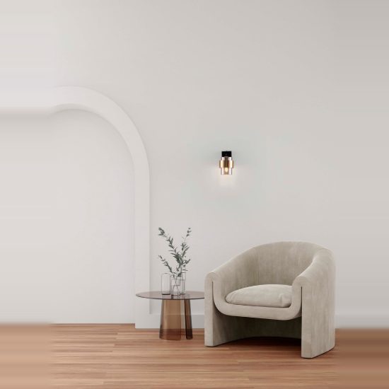 Applique da parete cilindro moderna nero e oro ottone vetro per soggiorno 10cm
