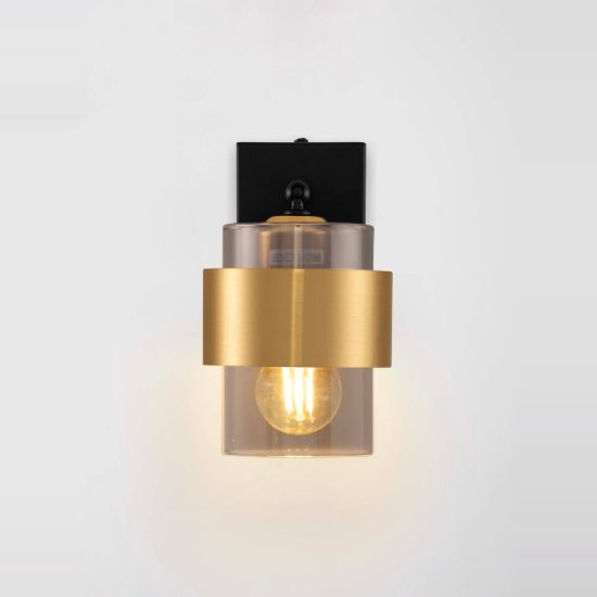 Applique da parete cilindro moderna nero e oro ottone vetro per soggiorno 10cm