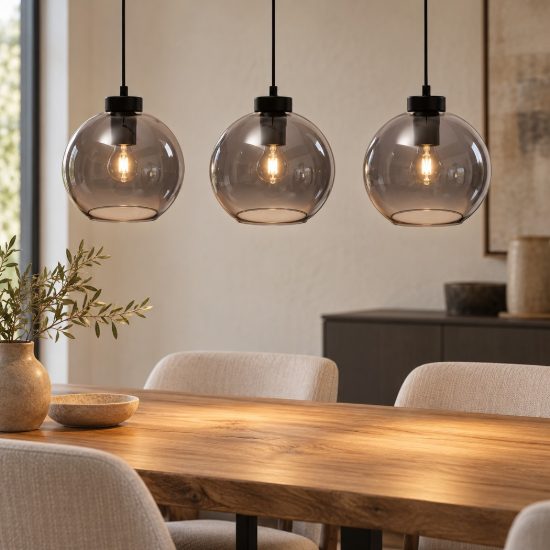Lampadario per sala da pranzo lineare nero vetro a sospensione 3 luci