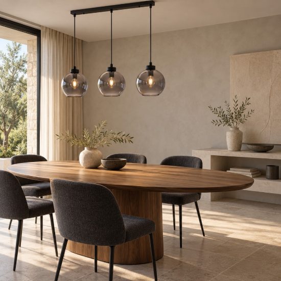 Lampadario per sala da pranzo lineare nero vetro a sospensione 3 luci