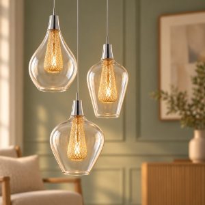 Lampadario 3 luci per cucina moderno a sospensione oro e cromo vetro