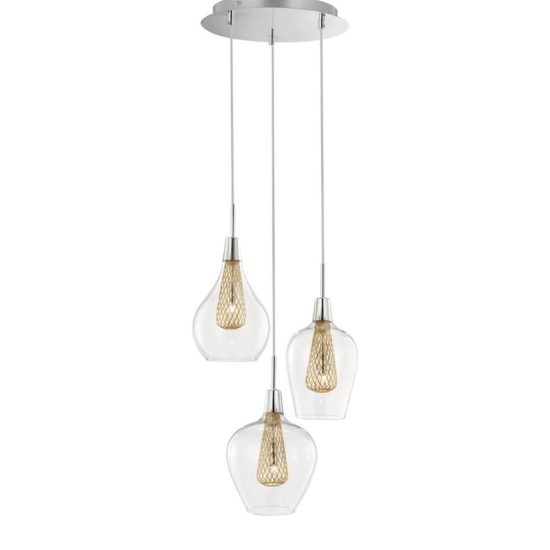 Lampadario 3 luci per cucina moderno a sospensione oro e cromo vetro