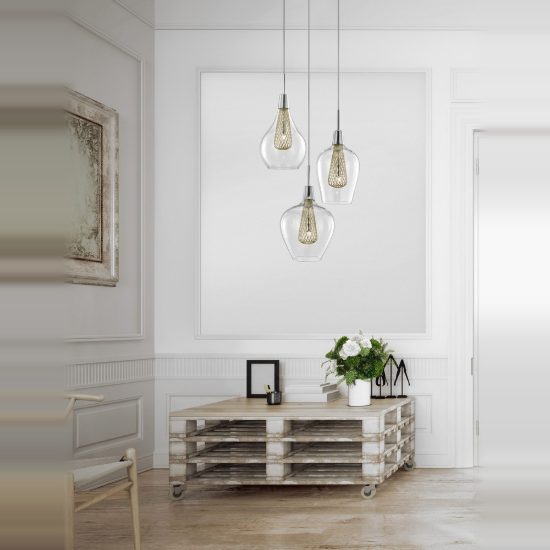 Lampadario 3 luci per cucina moderno a sospensione oro e cromo vetro