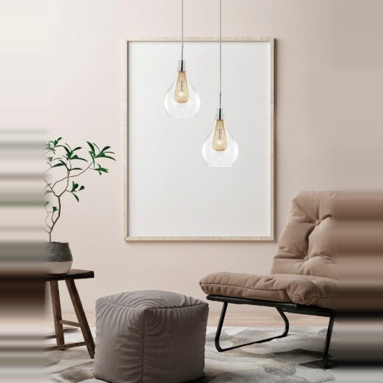 Lampada per cucina moderna a sospensione goccia oro e cromo vetro 16cm
