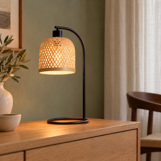 Lampada da tavolo per camera da letto cupoliforme naturale e nero rattan