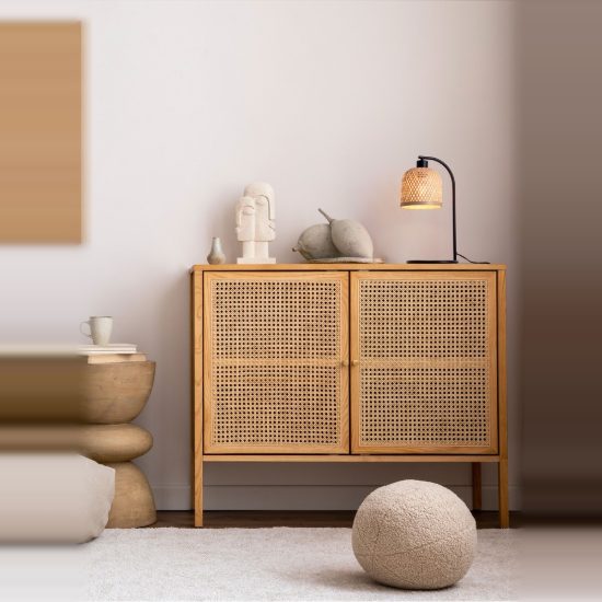 Lampada da tavolo per camera da letto cupoliforme naturale e nero rattan