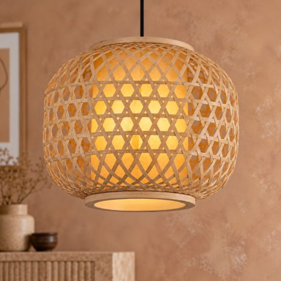 Lampada a sospensione per cucina a lanterna naturale e nero rattan