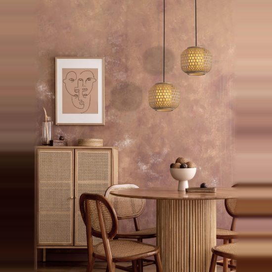 Lampada a sospensione per cucina a lanterna naturale e nero rattan