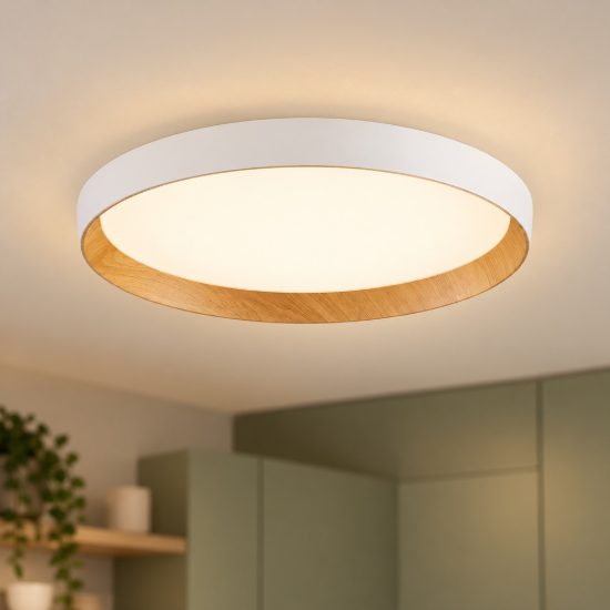 Plafoniera moderna rotonda bianco e legno led 36w cct 2700k 4000k dimmerabile