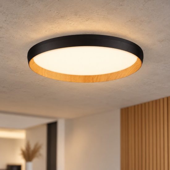 Plafoniera led 36w cct 2700k 4000k dimmerabile moderna tonda nero e legno