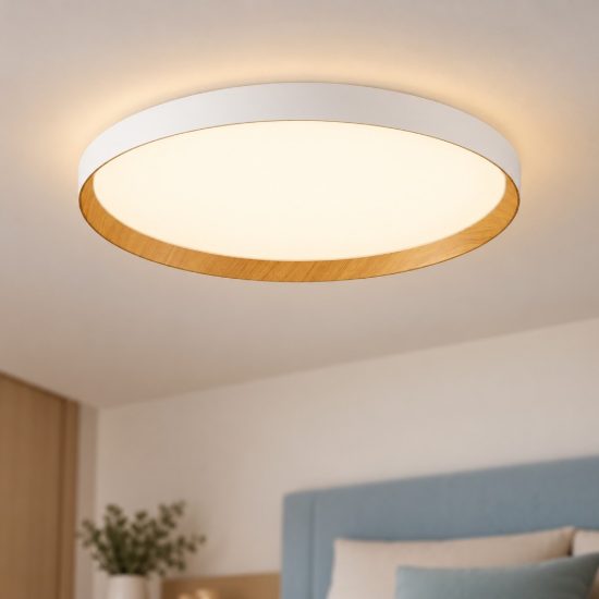 Plafoniera moderna rotonda bianco e legno led 55w cct 2700k 4000k dimmerabile