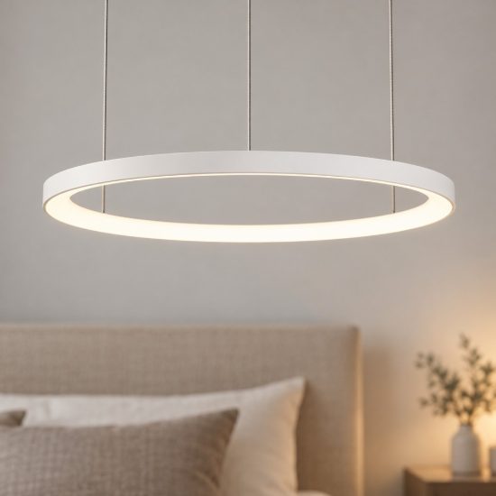 Lampadario led 38w 3000k dimmerabile moderno a sospensione bianco sabbiato per soggiorno