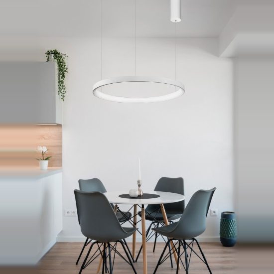 Lampadario led 38w 3000k dimmerabile moderno a sospensione bianco sabbiato per soggiorno