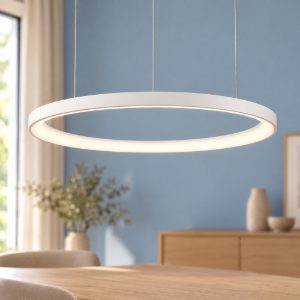 Lampadario led 48w 3000k dimmerabile moderno a sospensione bianco sabbiato per soggiorno