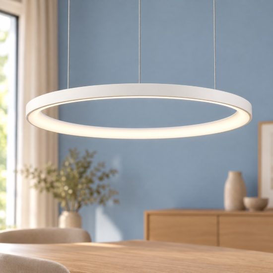 Lampadario led 48w 3000k dimmerabile moderno a sospensione bianco sabbiato per soggiorno