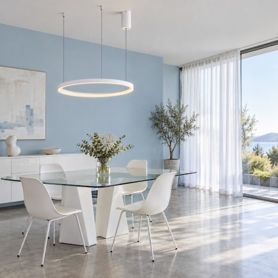 Lampadario led 48w 3000k dimmerabile moderno a sospensione bianco sabbiato per soggiorno