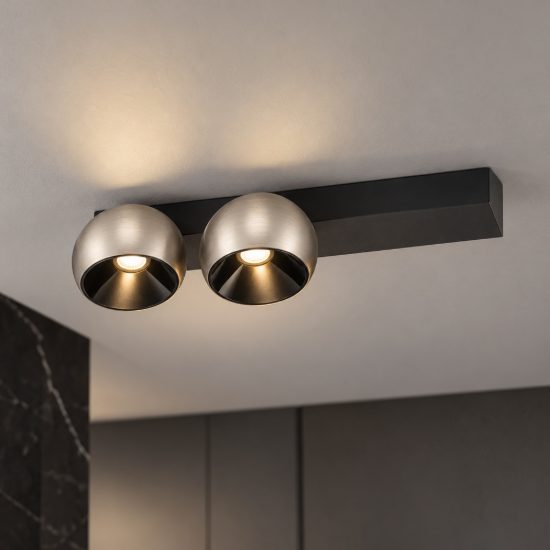 Faretto doppio da soffitto moderno lineare nichel foggy e nero led 21w 3000k 36cm dimmerabile