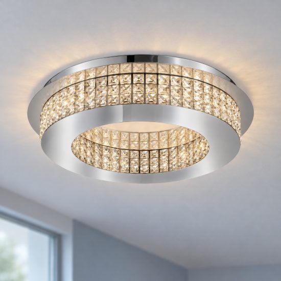 Plafoniera classica per soggiorno a tamburo cromo cristallo led 40w 4000k 50cm