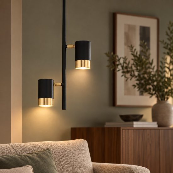 Lampadario a sospensione 2 luci per cucina moderno cilindro nero e oro