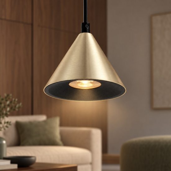 Lampada per cucina moderna a sospensione forma cono oro ossidato e nero