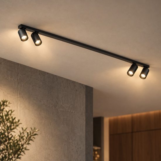 Plafoniera con faretti lineare a barra moderna cilindro nero 120cm
