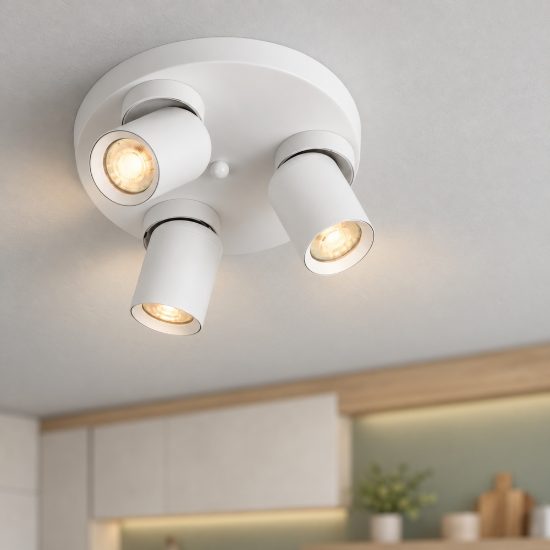 Plafoniera con 3 faretti orientabili moderna per camera da letto bianca