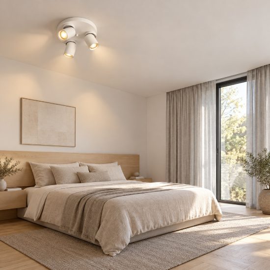 Plafoniera con 3 faretti orientabili moderna per camera da letto bianca