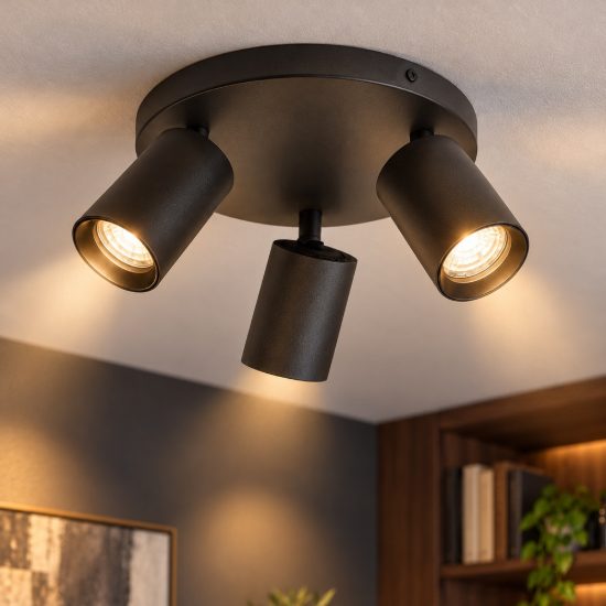 Plafoniera con 3 faretti orientabili da soffitto nera per cabina armadio