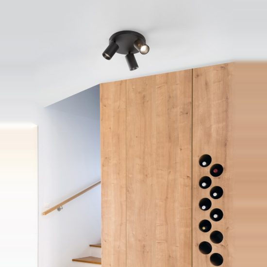 Plafoniera con 3 faretti orientabili da soffitto nera per cabina armadio