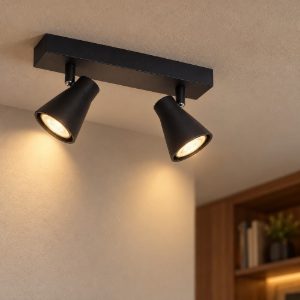 Plafoniera con faretti orientabili a forma cono nero per cabina armadio