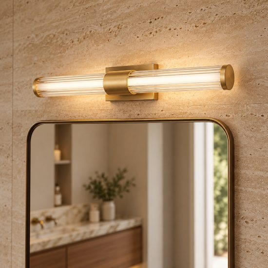 Applique led 10w 3000k 43cm per bagno moderna lineare oro ottone vetro