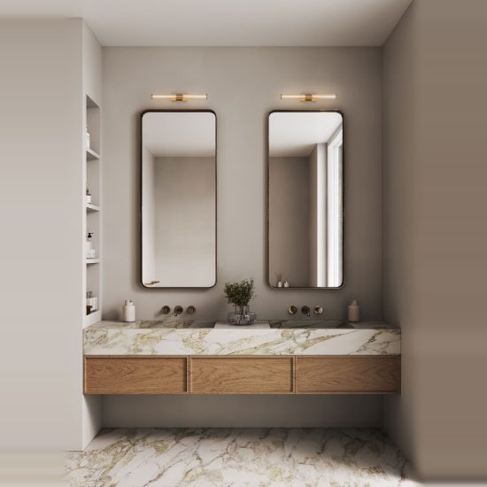 Applique led 10w 3000k 43cm per bagno moderna lineare oro ottone vetro
