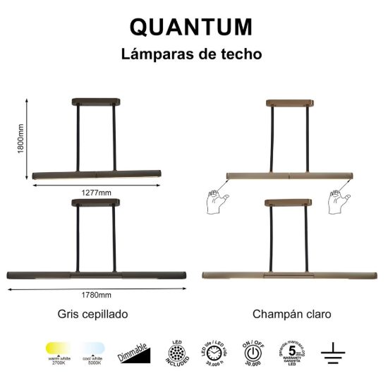 Lampadario a sospensione led 90w 3000k dimmerabile barra grigio spazzolato con sensore apertura motorizzata