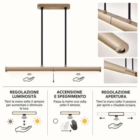 Lampadario a sospensione lineare champagne per soggiorno led 90w 3000k sensore apertura elettronica