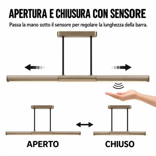 Lampadario a sospensione lineare champagne per soggiorno led 90w 3000k sensore apertura elettronica
